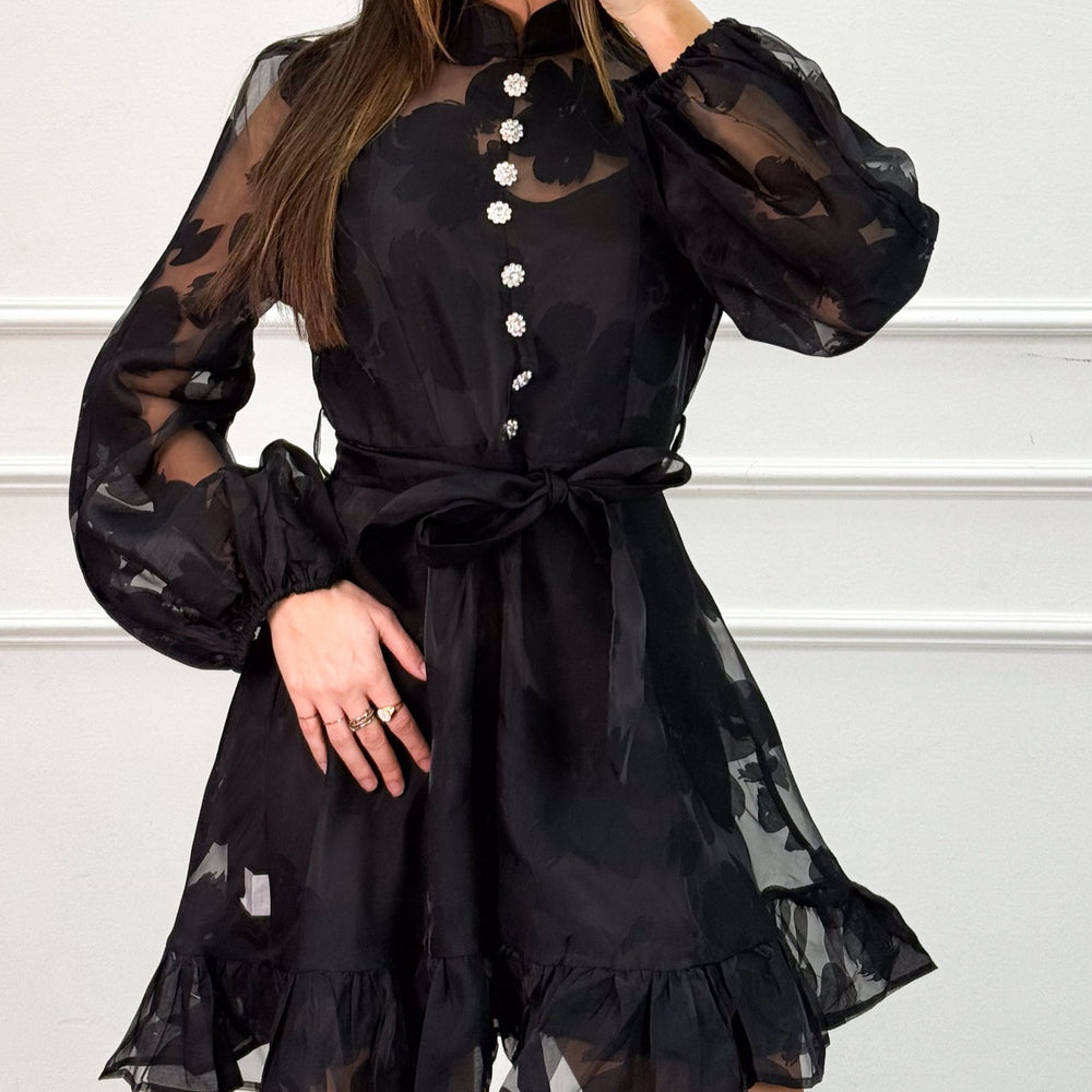 sheer floral dress black Sheer Bustier Top Floral Applique Gown