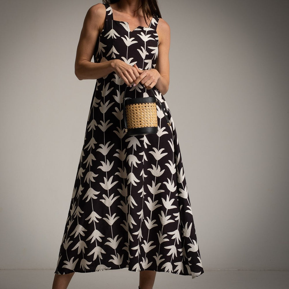 marigiou black ivory white midi dress with floral print front detail