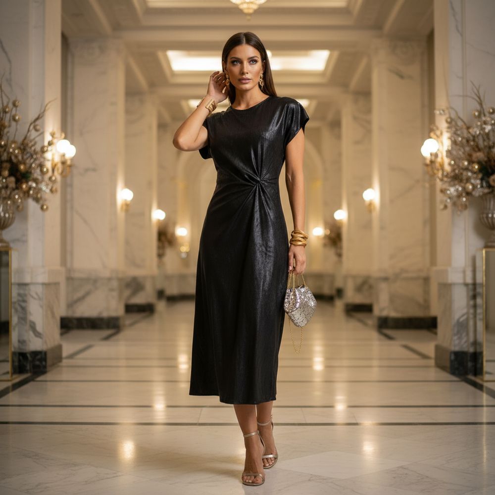 Black metallic shimmer midi dress with side knot detail in a marble hall