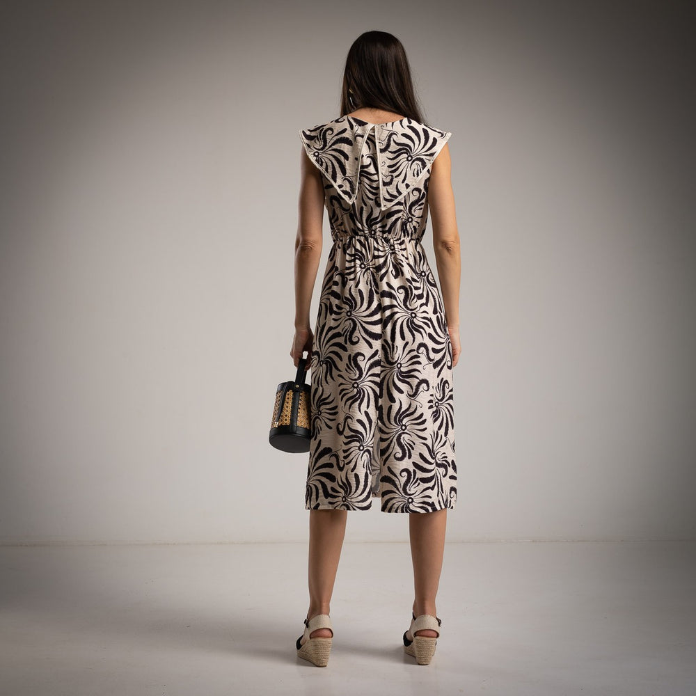 MARIΓIOÚ black patterned midi dress elegant lightweight back view