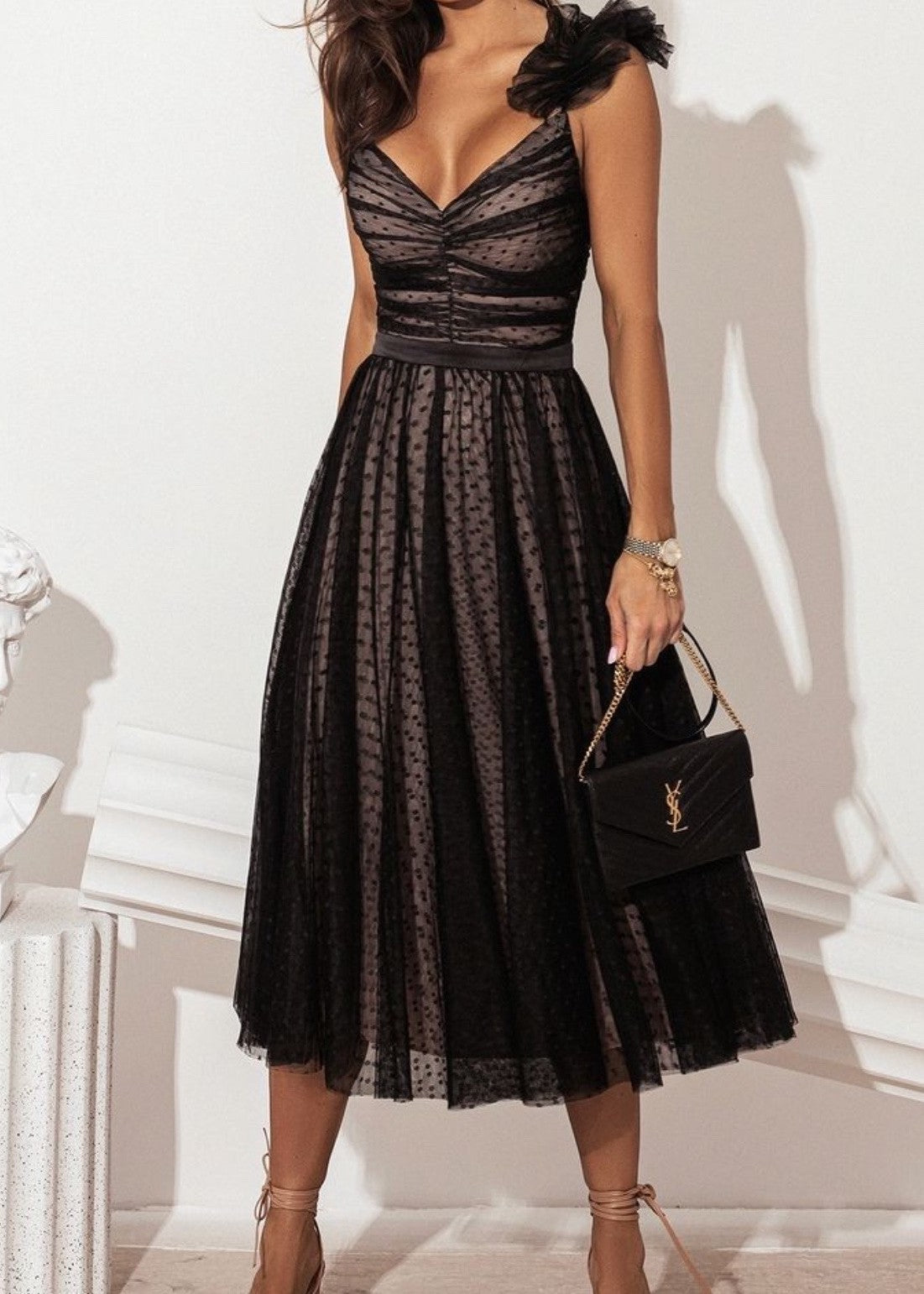 Elegant black polka dot tulle midi dress with asymmetric straps MARIΓIOÚ