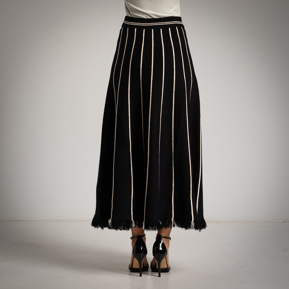 MARIΓIOÚ black striped knit maxi skirt – back studio view