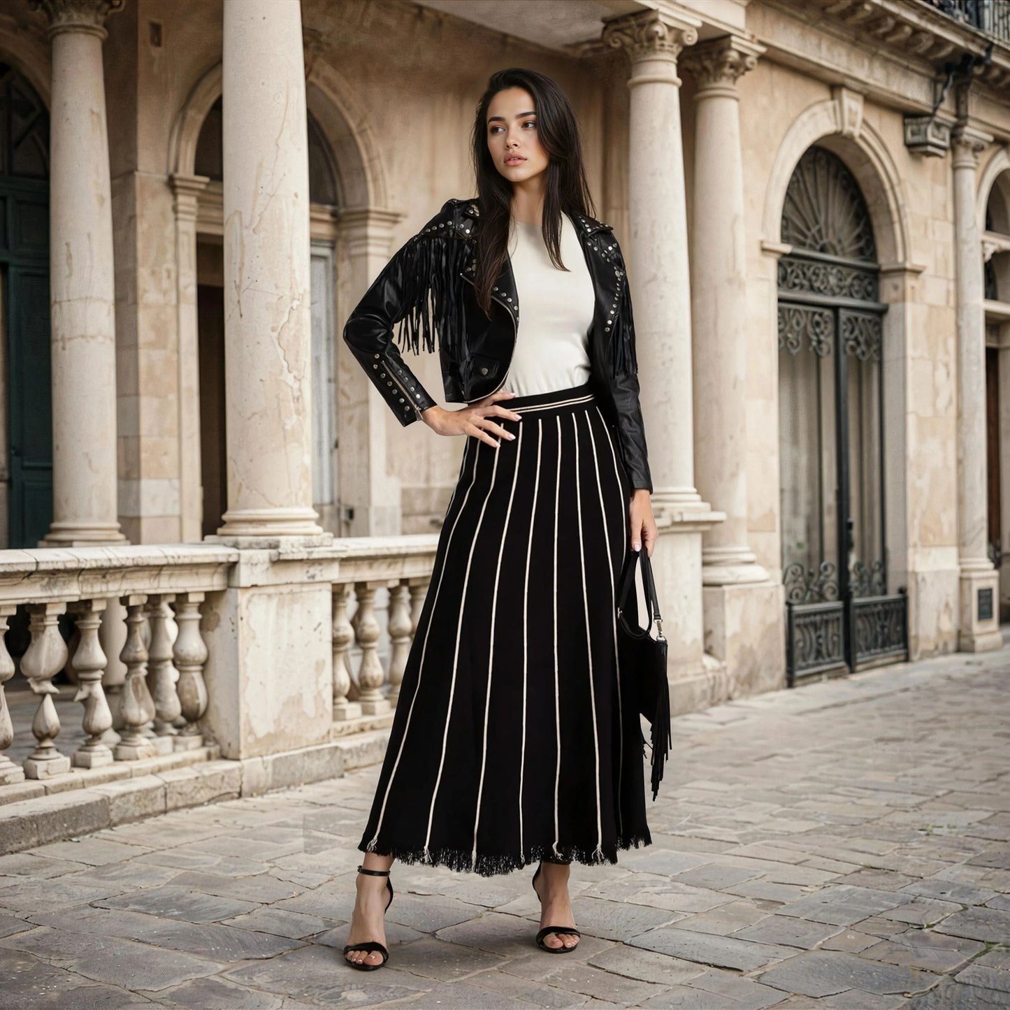 Black striped knit maxi skirt styled with black jacket – outdoor full look
