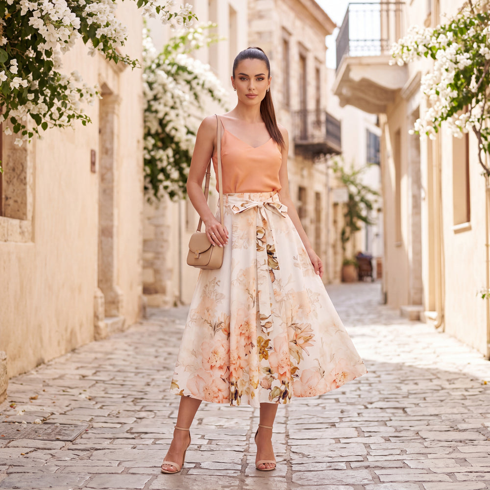 Woman wearing the Blossom Grace floral midi skirt with a peach camisole in a Mediterranean street.