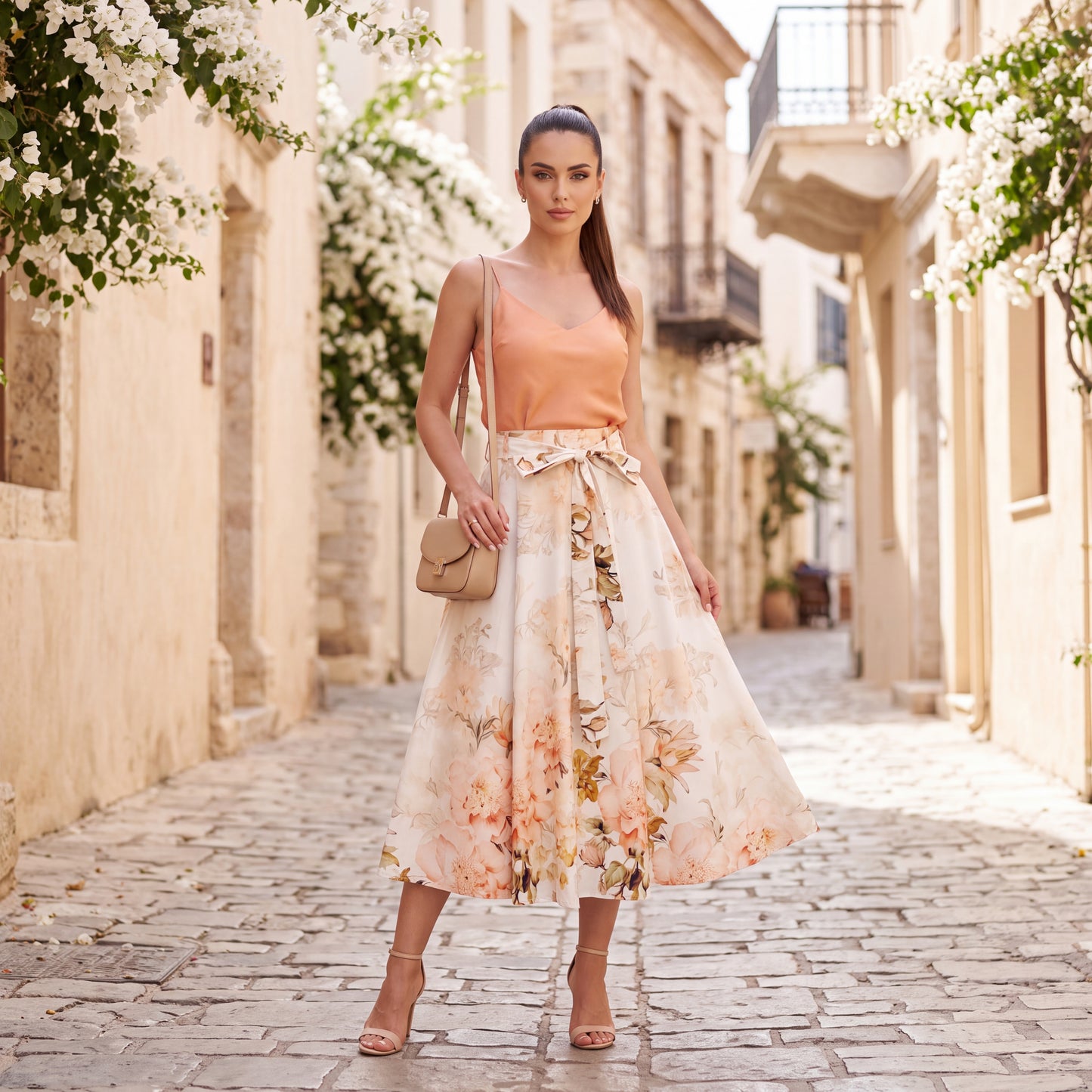 Woman wearing the Blossom Grace floral midi skirt with a peach camisole in a Mediterranean street.