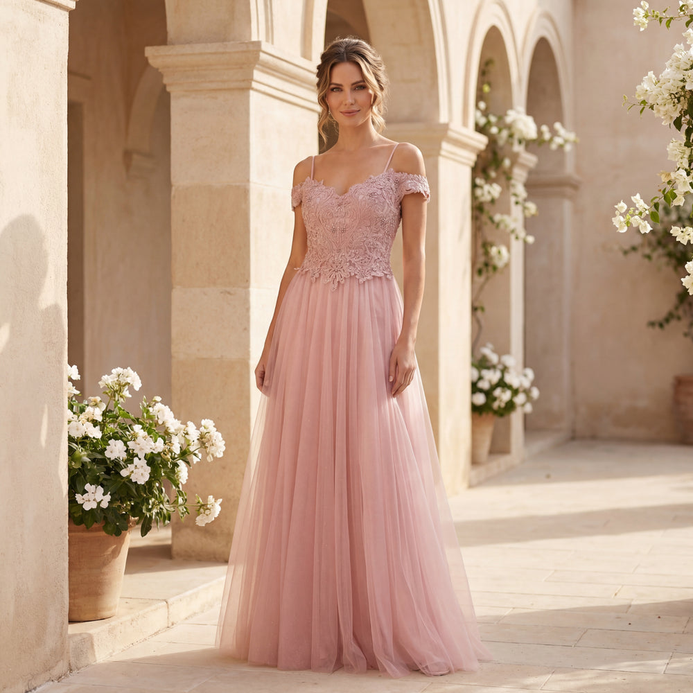 Elegant blush pink tulle maxi dress with lace bodice MARIΓIOÚ