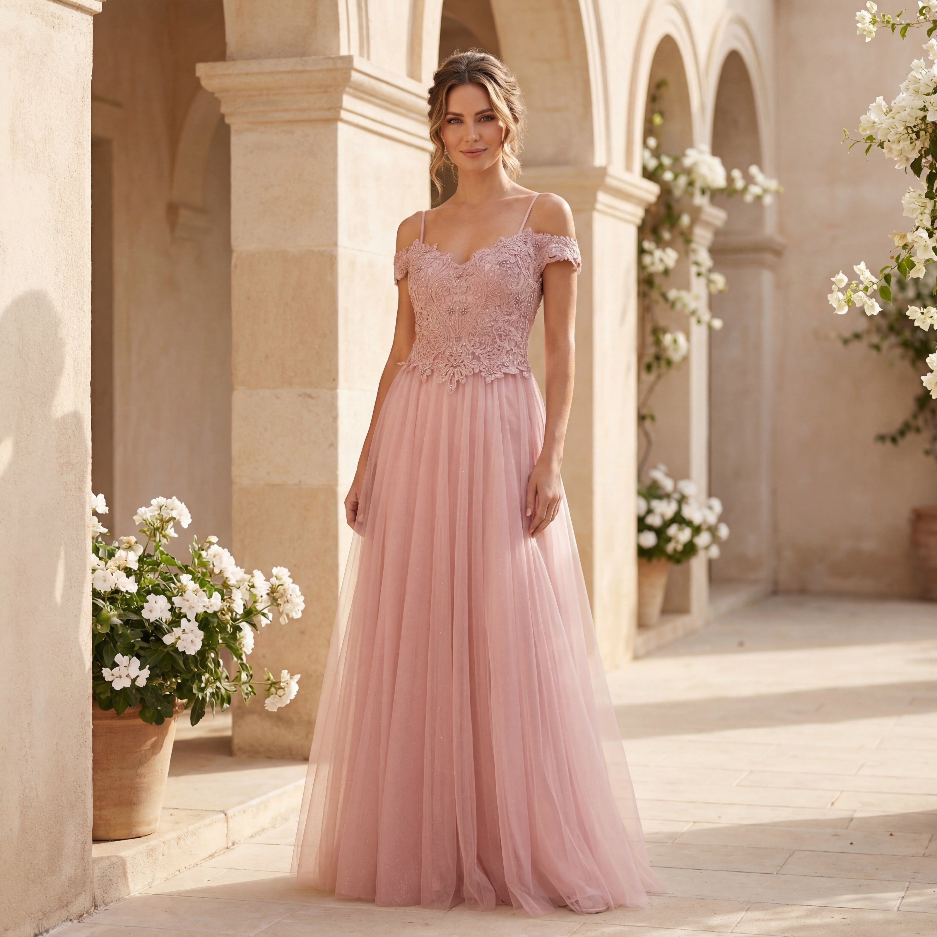 Elegant blush pink tulle maxi dress with lace bodice MARIΓIOÚ