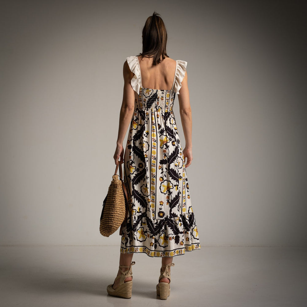 MARIΓIOÚ boho ruffled strap midi dress cream black back view
