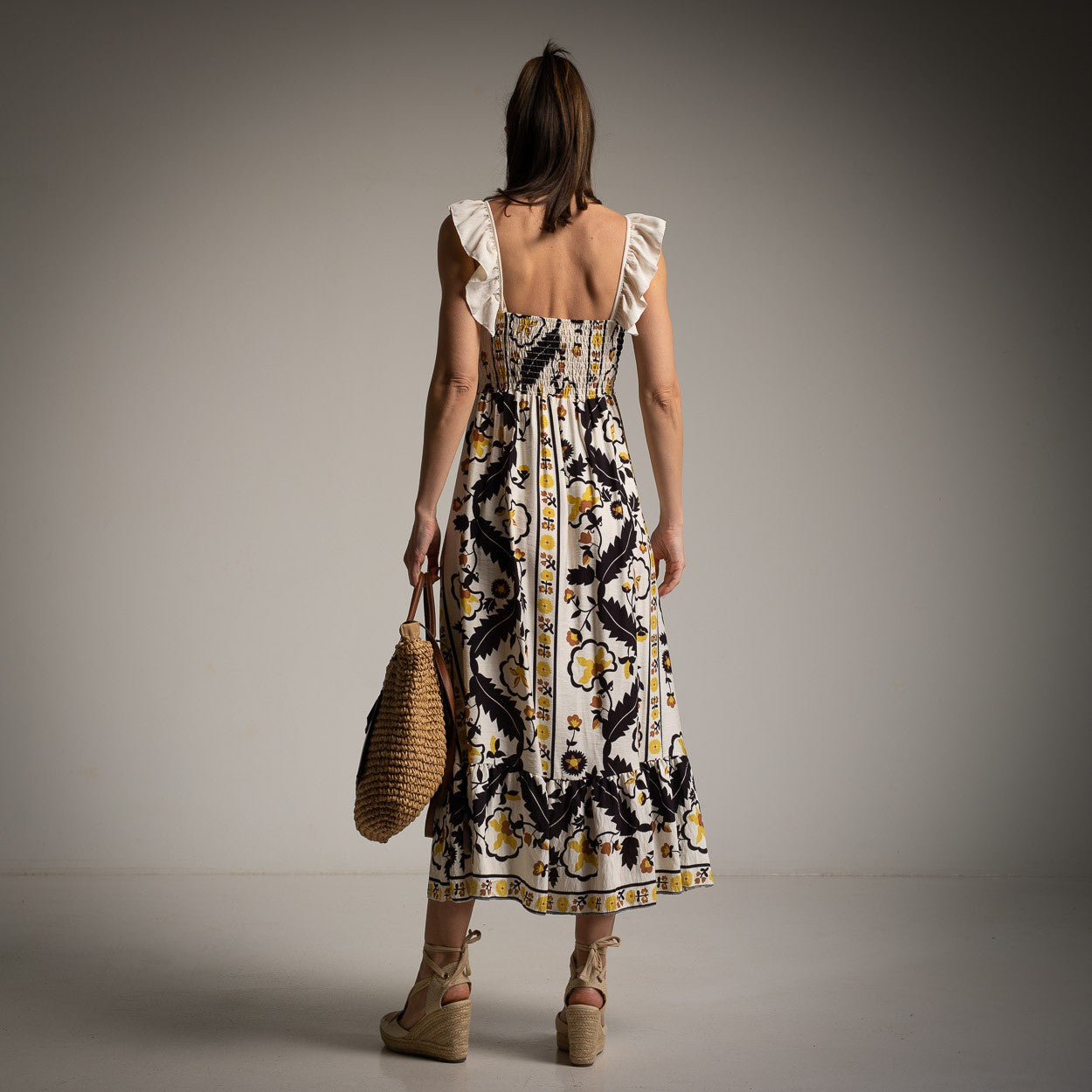 MARIΓIOÚ boho ruffled strap midi dress cream black back view