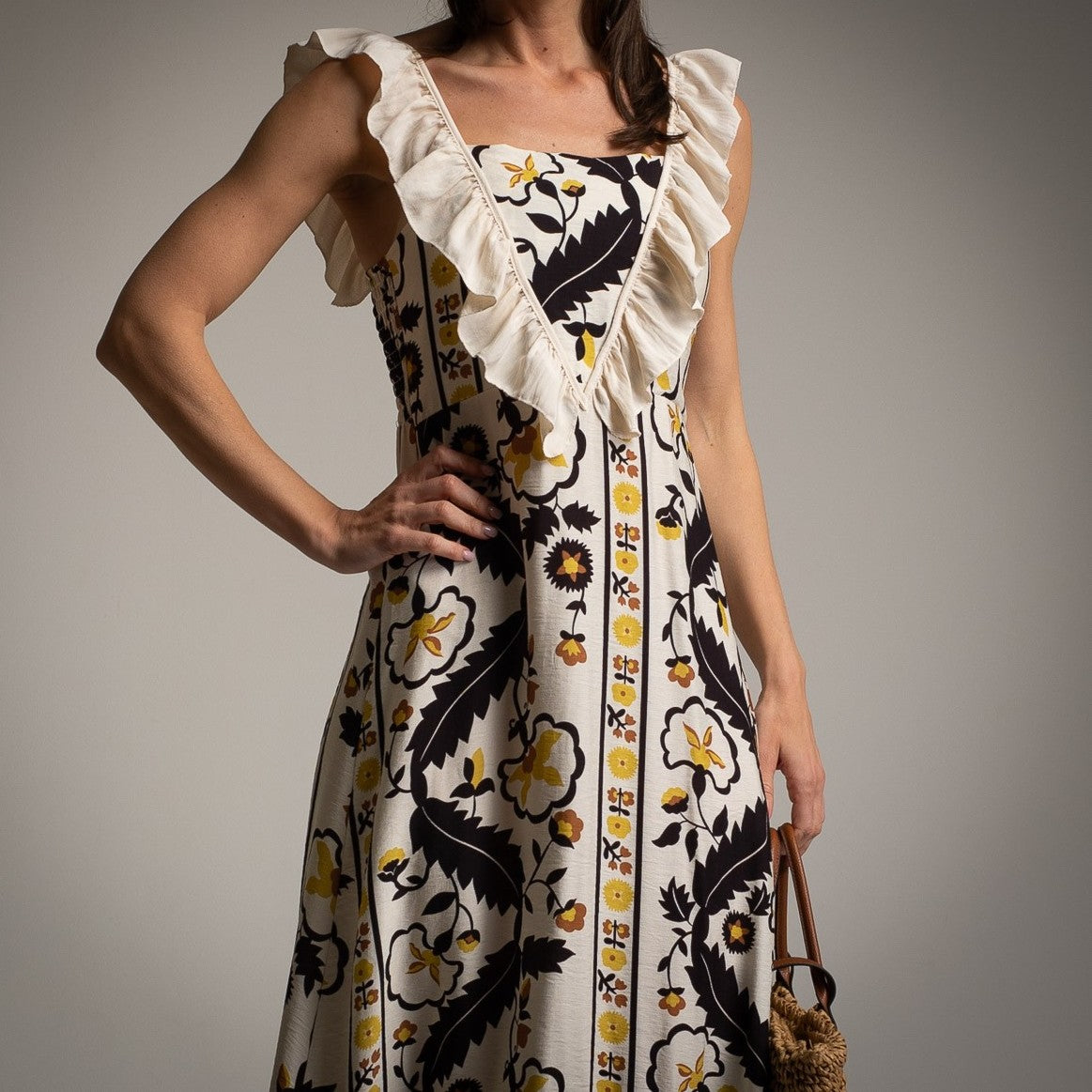 MARIΓIOÚ boho midi dress cream black with ruffled straps detail