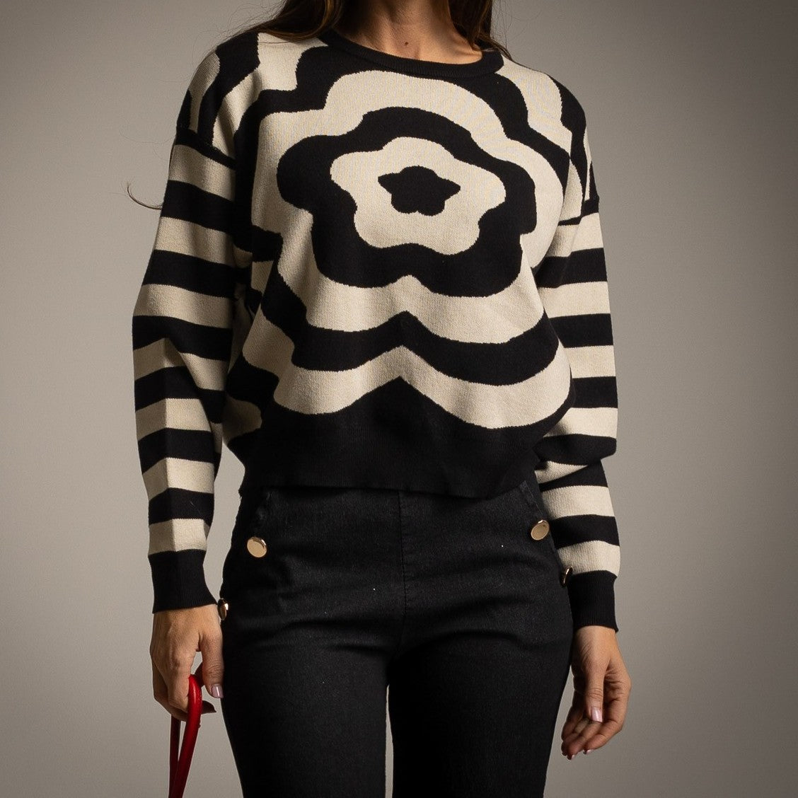 marigiou bold floral stripe knit sweater front detail