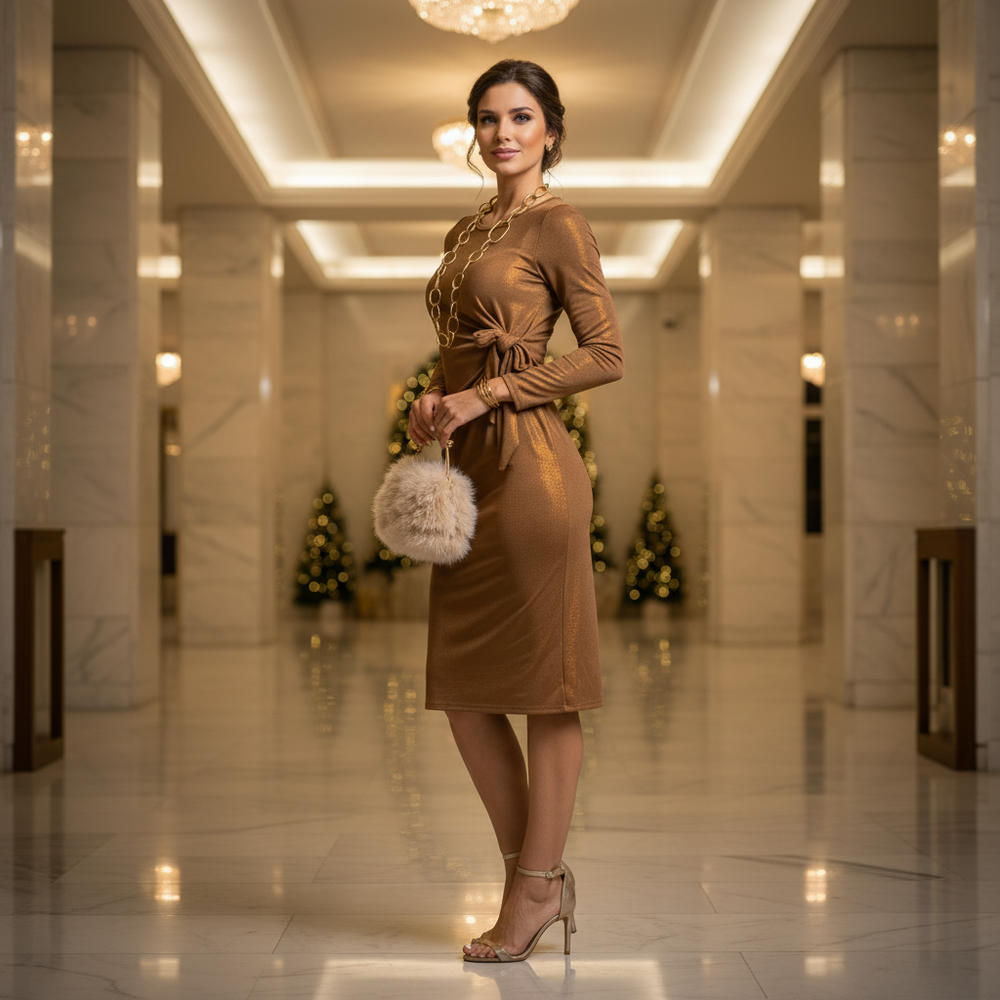 Bronze long-sleeve festive dress with waist draping in a luxury Christmas-decorated hall