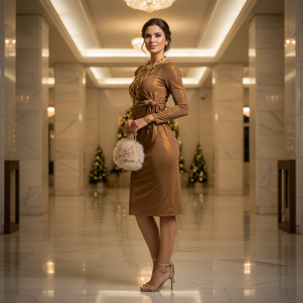 Bronze long-sleeve festive dress with waist draping in a luxury Christmas-decorated hall