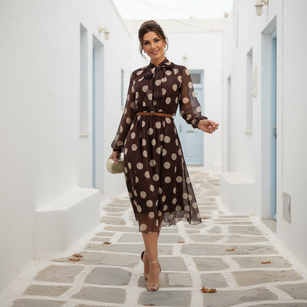 MARIΓIOÚ polka dot midi dress styled outdoors – brown chiffon dress with bow neck and belt, made in Italy.