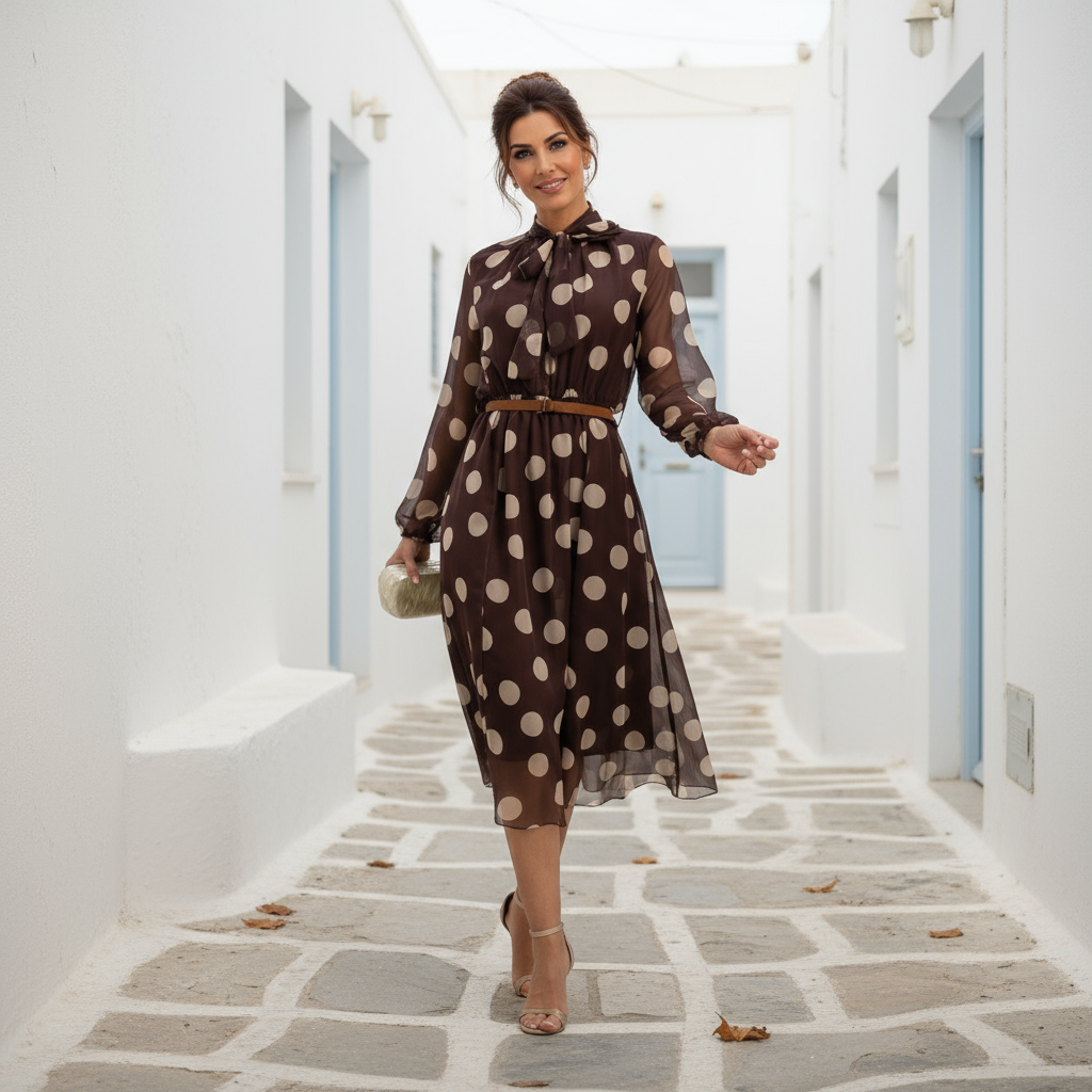 MARIΓIOÚ polka dot midi dress styled outdoors – brown chiffon dress with bow neck and belt, made in Italy.