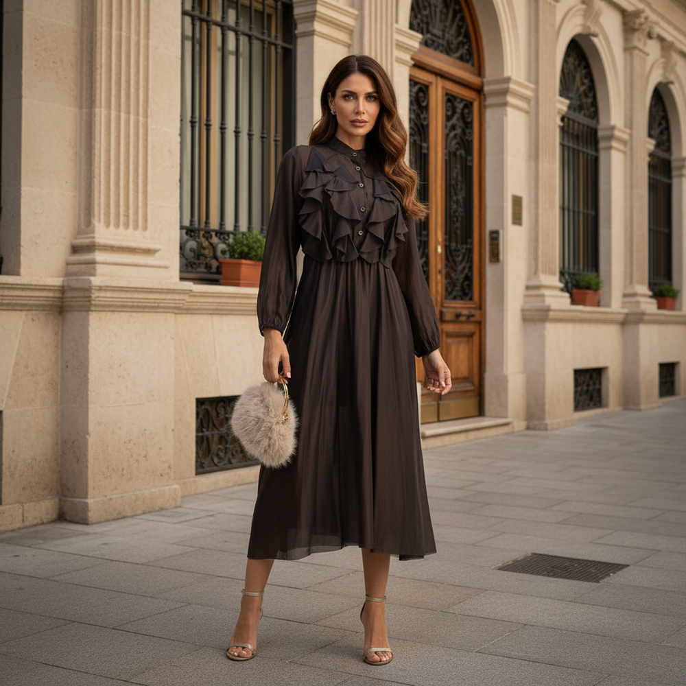 Model wearing MARIΓIOÚ brown ruffled midi dress on the street – chic fall/winter outfit with feminine details.