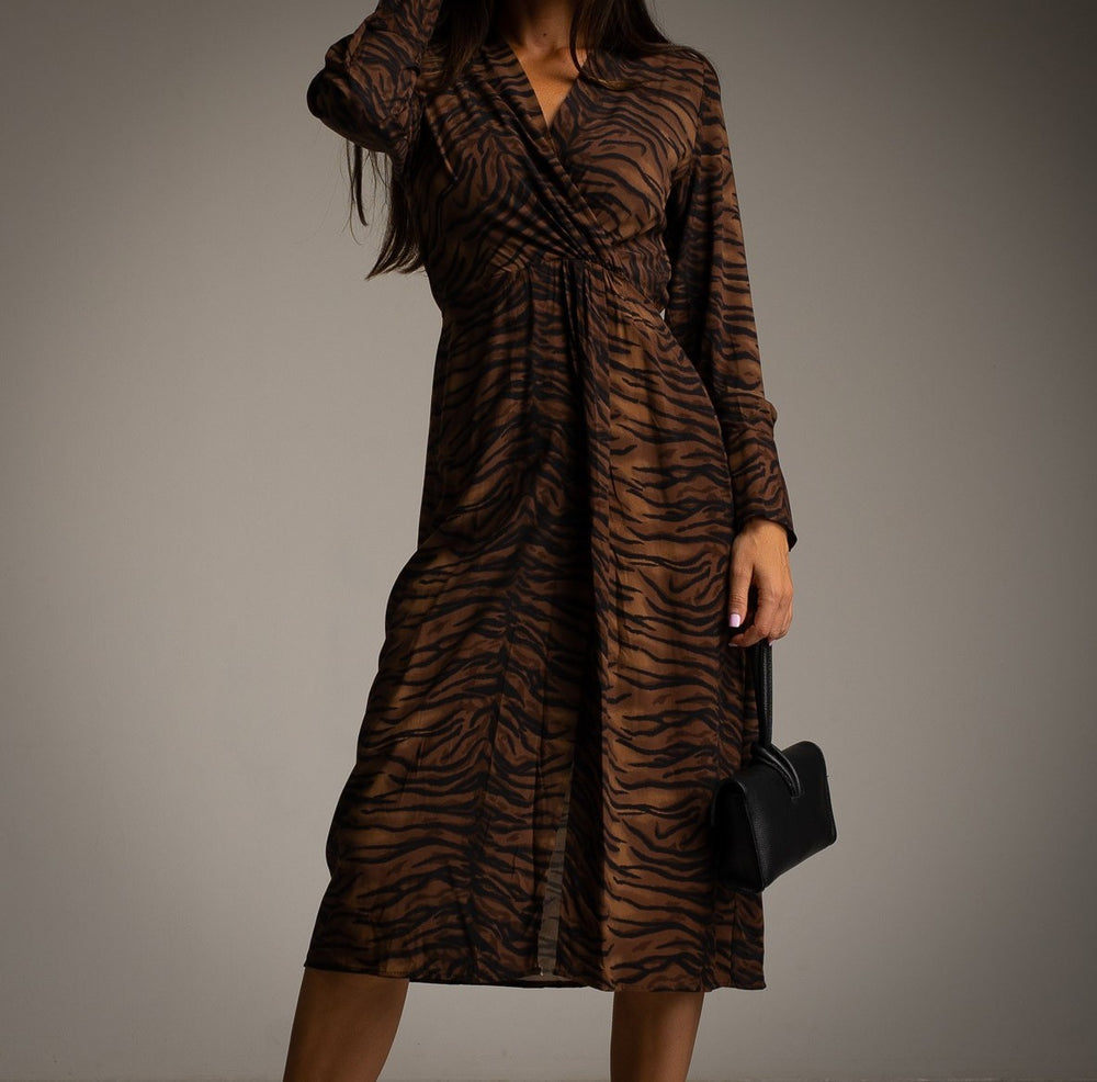 marigiou brown zebra print wrap dress front detail