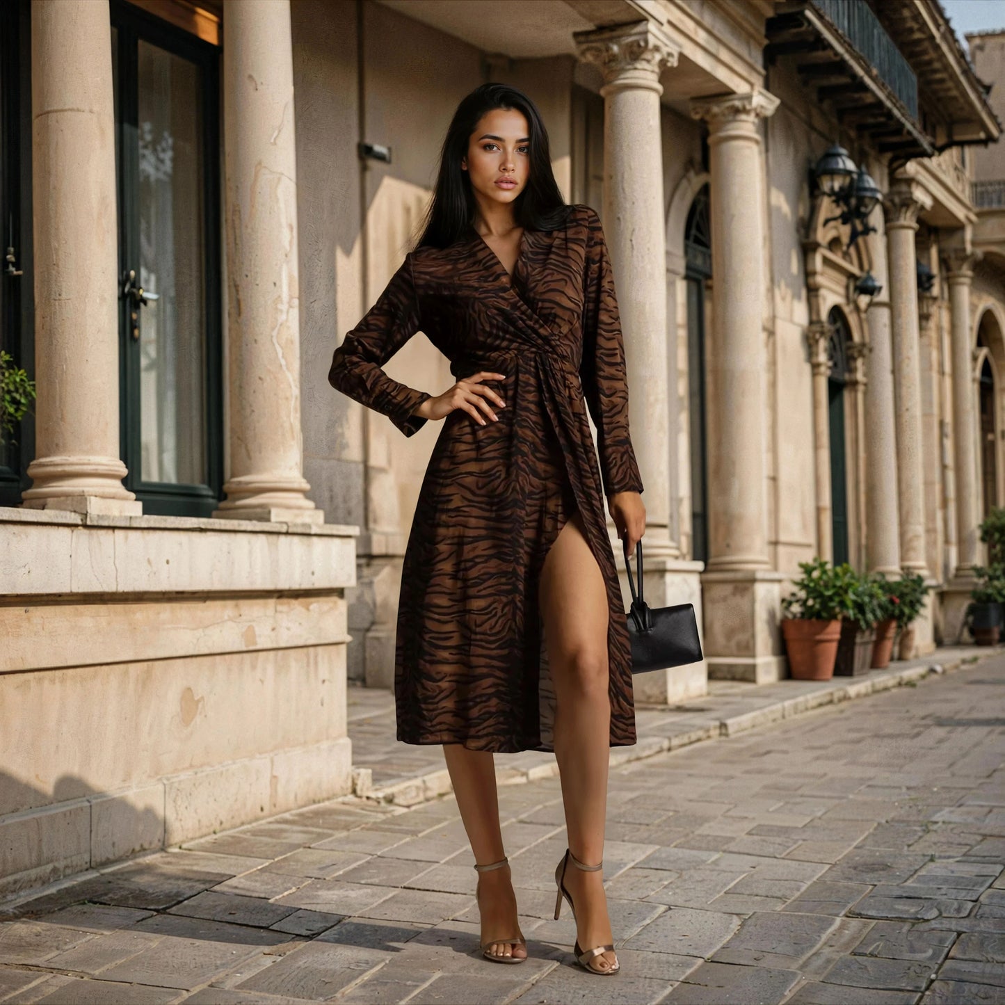 marigiou brown zebra print wrap dress styled look