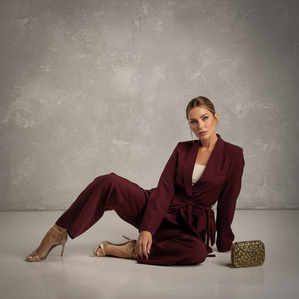 Model sitting in MARIΓIOÚ burgundy blazer and wide-leg trousers – elegant Italian-made ensemble.