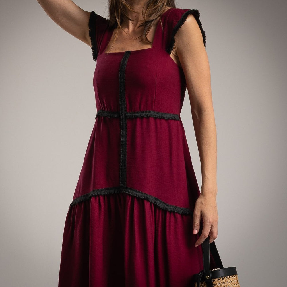 marigiou burgundy summer midi dress with black trim front detail