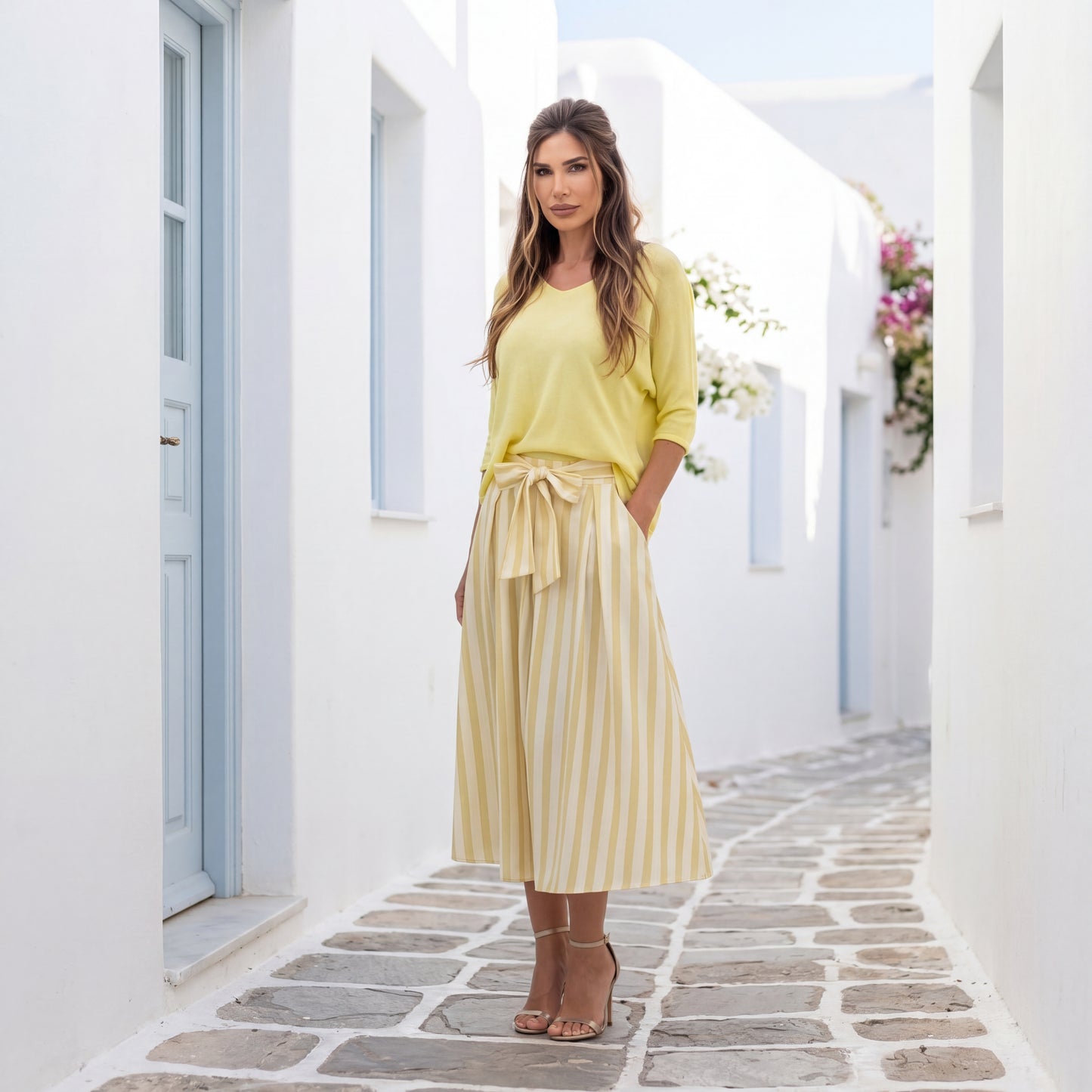 Butter yellow striped midi skirt outfit summer look MARIΓIOÚ