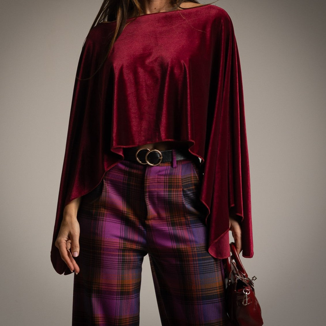 Velvet Cherry cropped velvet cape in deep wine red with wide draped sleeves - front view