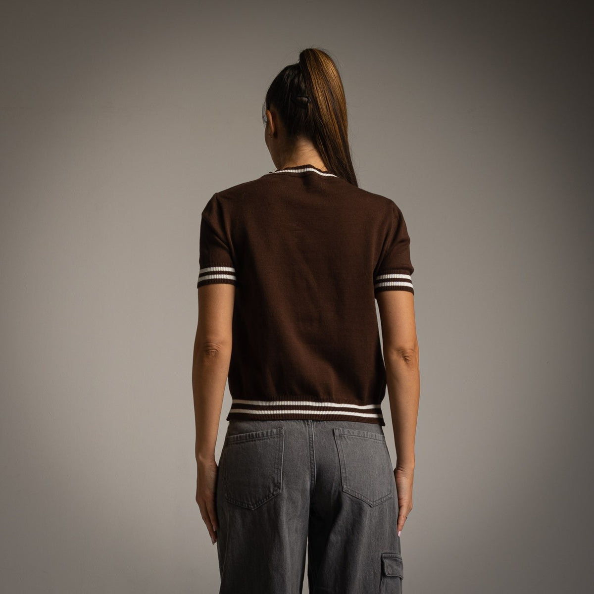 Cocoa Brown short sleeve knit sweater with contrast striped trims - back view
