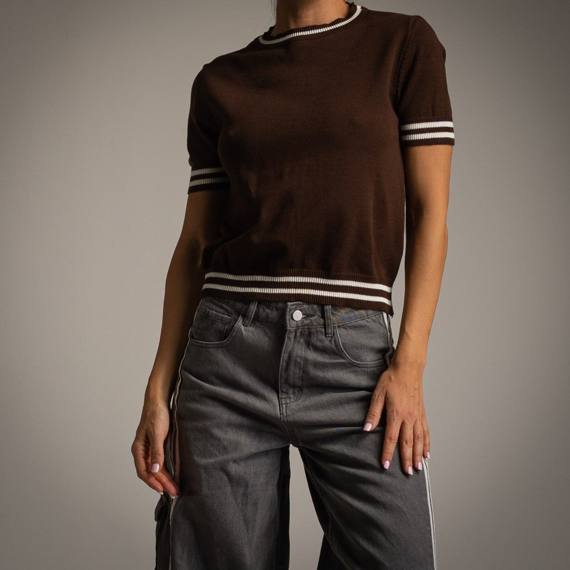 Cocoa Brown short sleeve knit sweater with contrast striped trims - front view