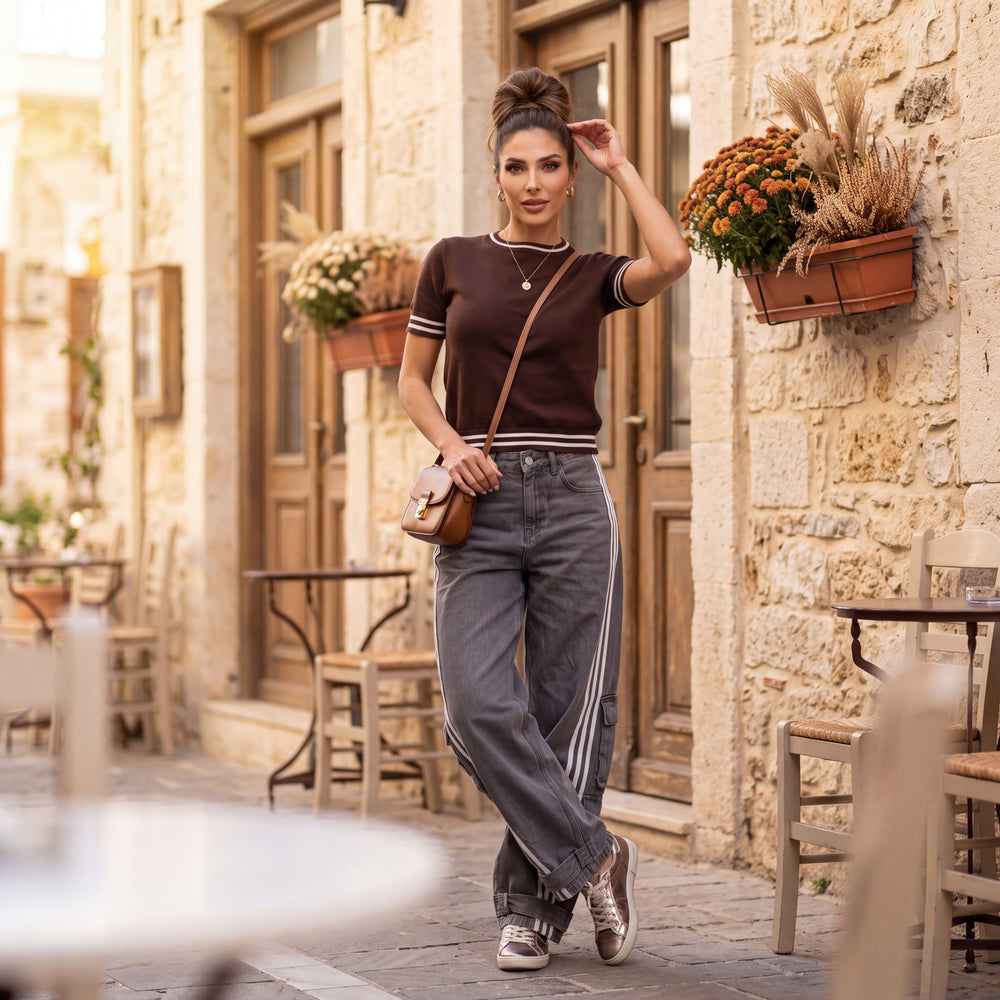 Cocoa Brown short sleeve knit sweater with contrast striped trims by MARIΓIOU