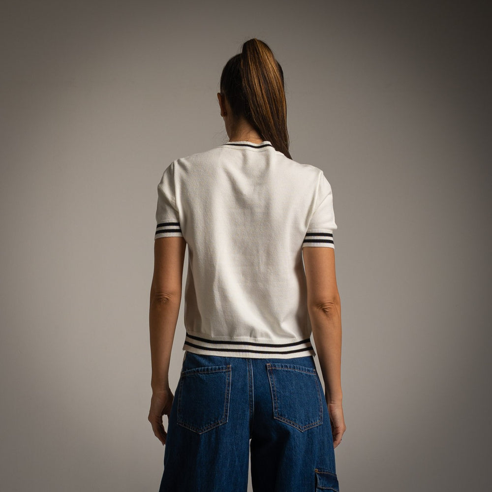 Ivory White short sleeve knit sweater with contrast striped trims - back view
