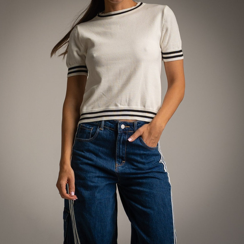 Ivory White short sleeve knit sweater with contrast striped trims - front view