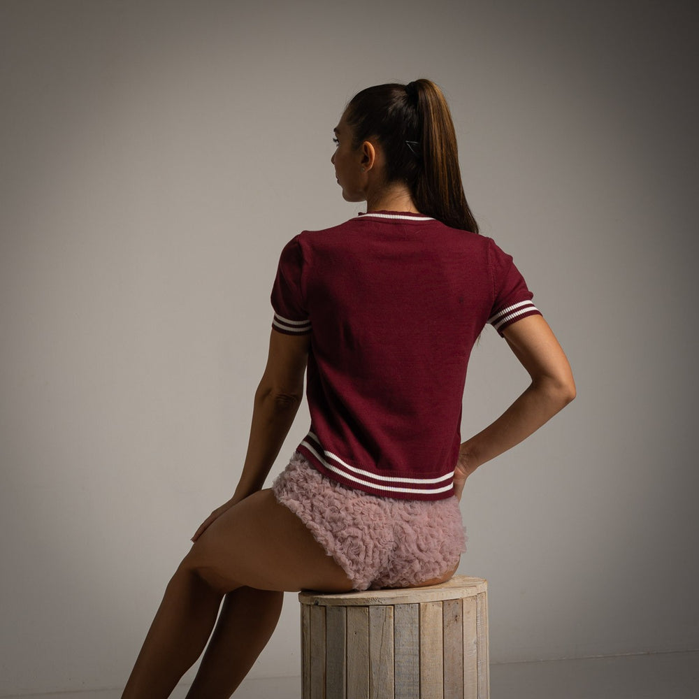 Velvet Cherry short sleeve knit sweater with contrast striped trims - back view