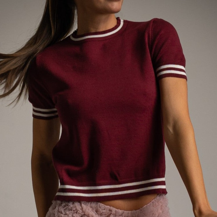 Velvet Cherry short sleeve knit sweater with contrast striped trims - front view
