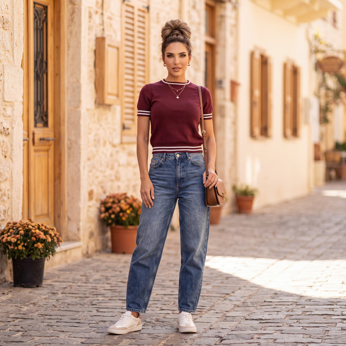 Velvet Cherry short sleeve knit sweater with contrast striped trims by MARIΓIOU