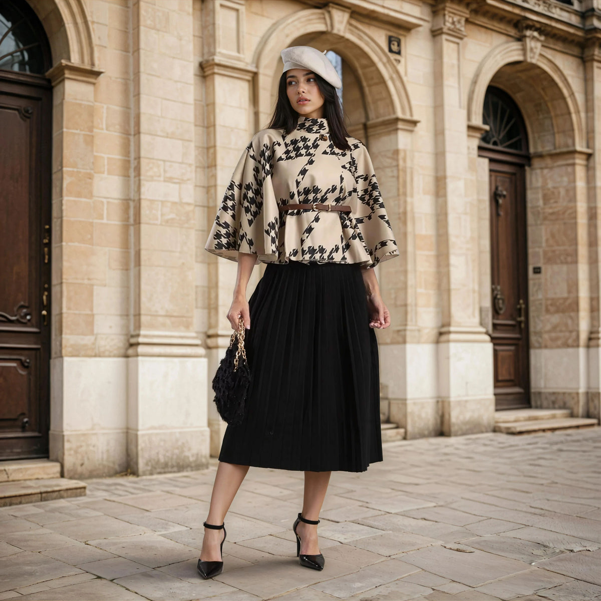 Model wearing the marigiou cape with pattern styled with a black pleated skirt and a creme cap