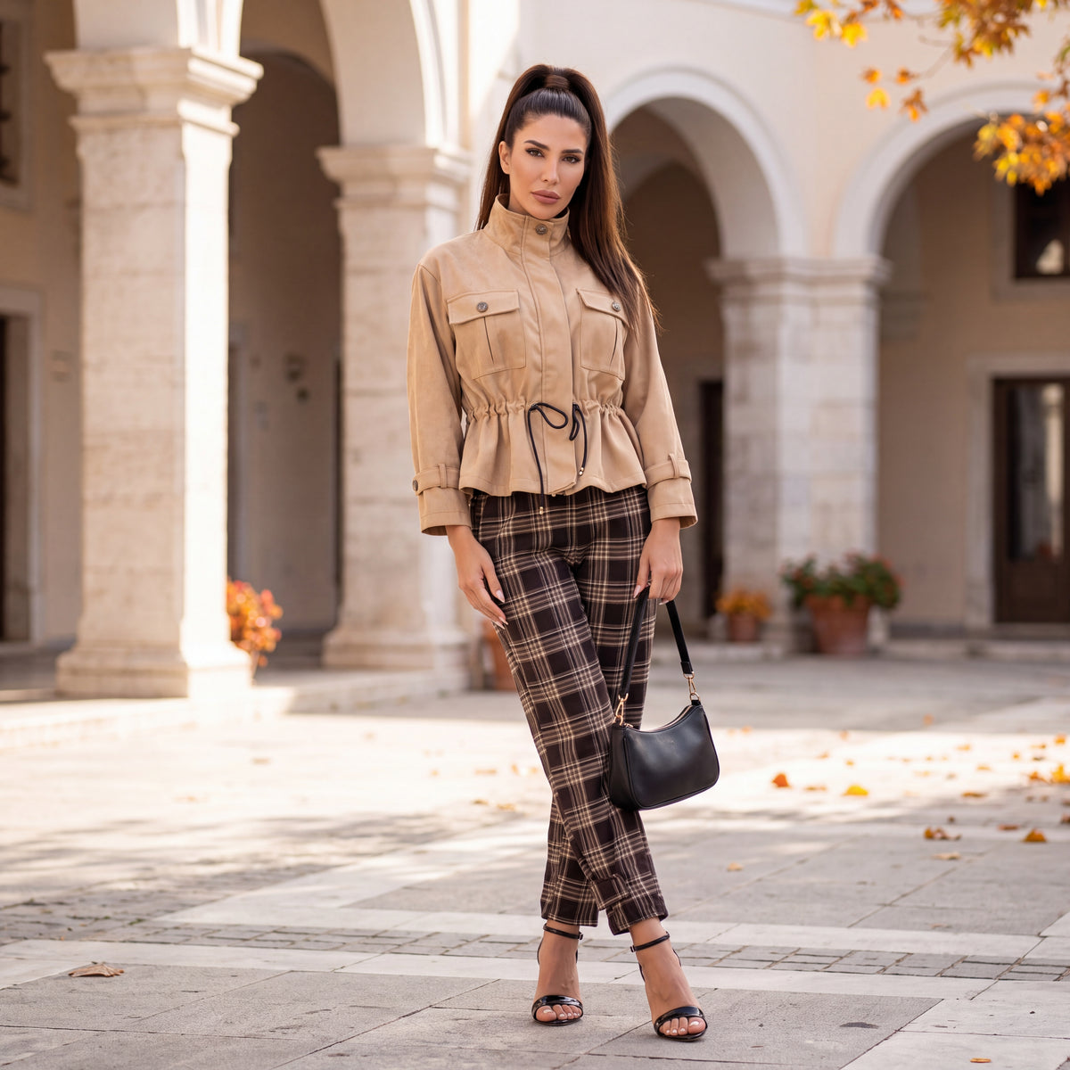 Latte Beige faux suede utility jacket with stand-up collar, flap pockets and drawstring waist by MARIΓIOU