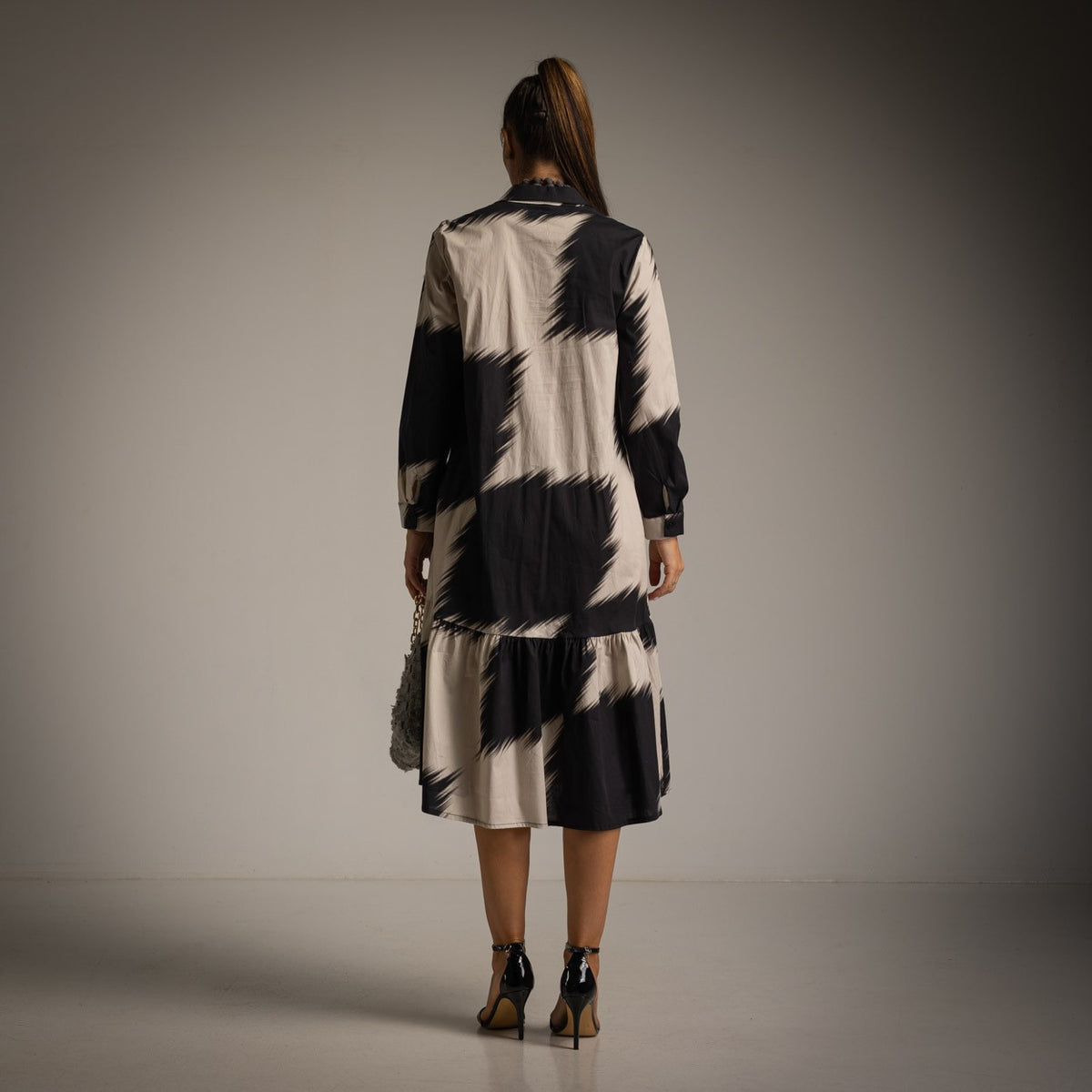 Black Beige brushstroke print shirt dress with flounced hem - back view