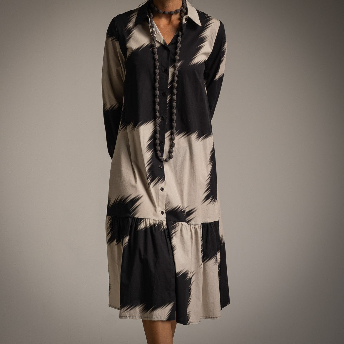 Black Beige brushstroke print shirt dress with flounced hem - front view
