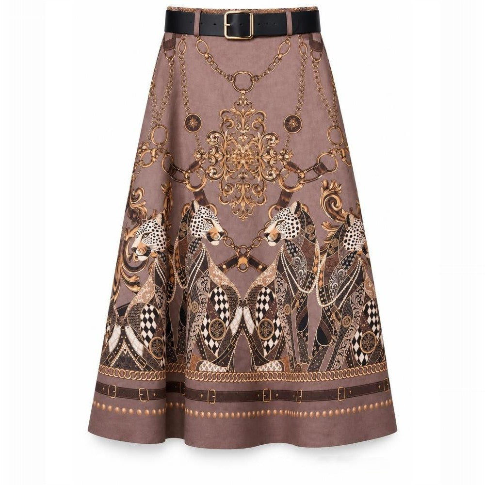 Almond Taupe suede-look A-line midi skirt with baroque leopard and golden chain print and belt - front view