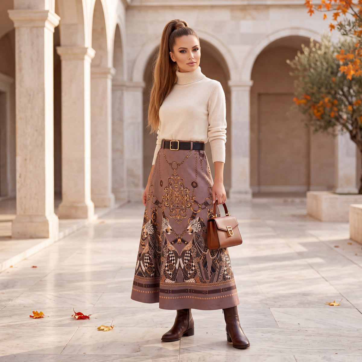 Almond Taupe suede-look A-line midi skirt with baroque leopard and golden chain print and belt by MARIΓIOU