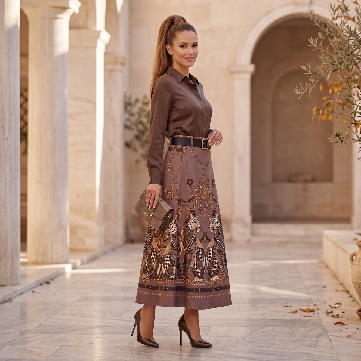 Almond Taupe suede-look A-line midi skirt with baroque leopard and golden chain print and belt - styled look by MARIΓIOU