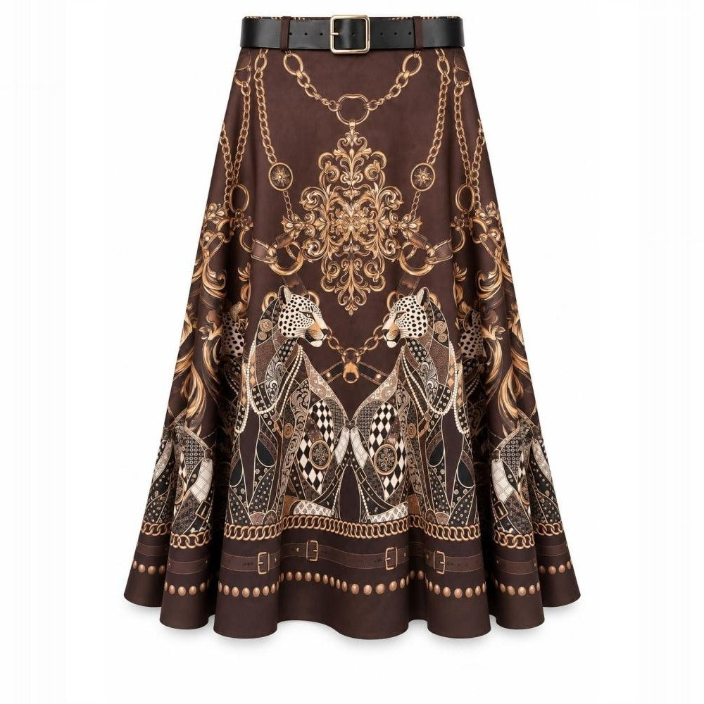 Cocoa Brown suede-look A-line midi skirt with baroque leopard and golden chain print and belt - front view