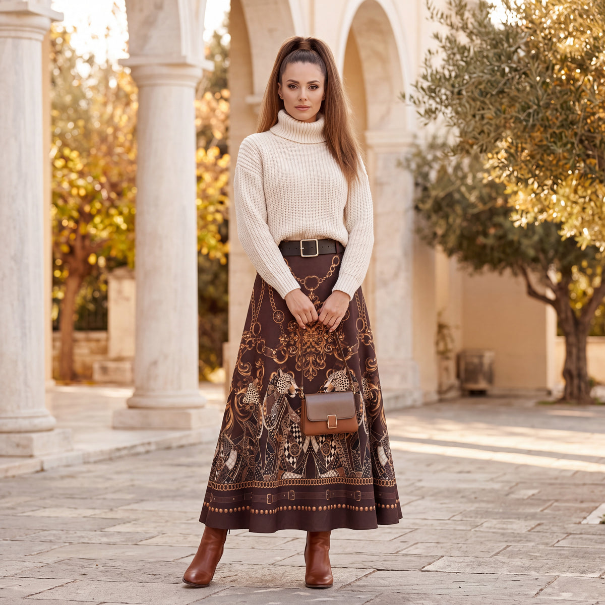 Cocoa Brown suede-look A-line midi skirt with baroque leopard and golden chain print and belt by MARIΓIOU