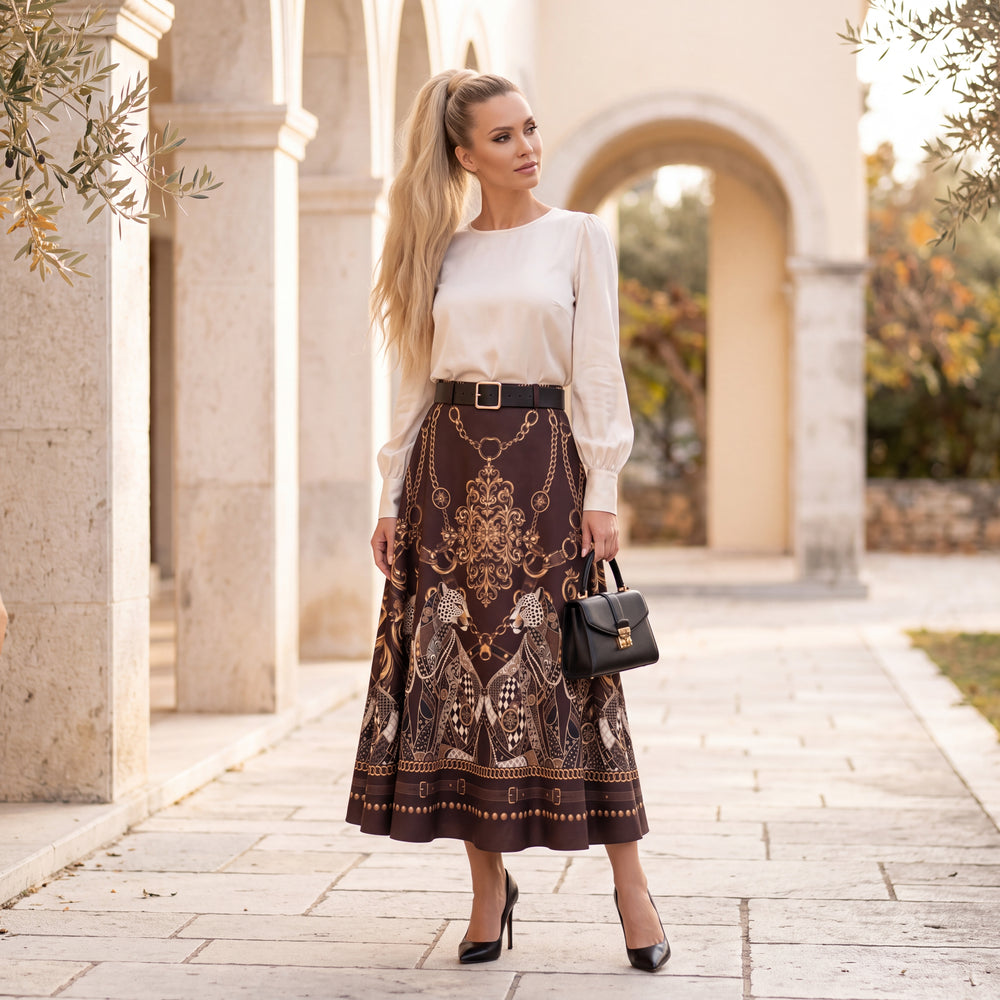 Cocoa Brown suede-look A-line midi skirt with baroque leopard and golden chain print and belt - styled look by MARIΓIOU