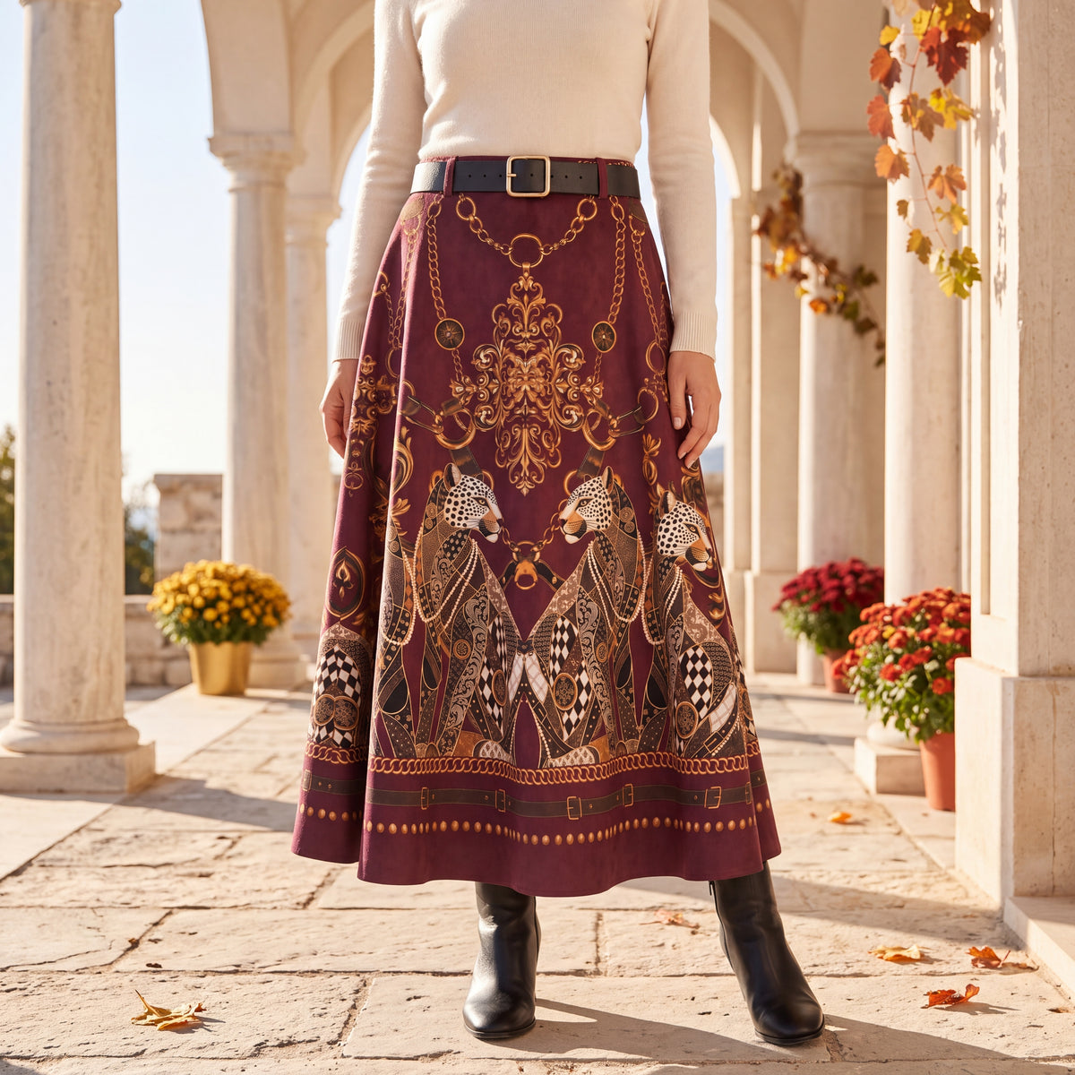 Deep Wine Red suede-look A-line midi skirt with baroque leopard and golden chain print and belt by MARIΓIOU - detail view
