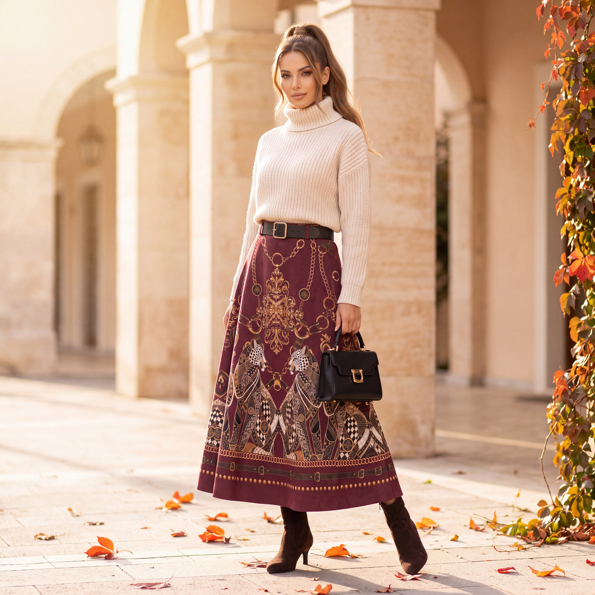 Deep Wine Red suede-look A-line midi skirt with baroque leopard and golden chain print and belt by MARIΓIOU
