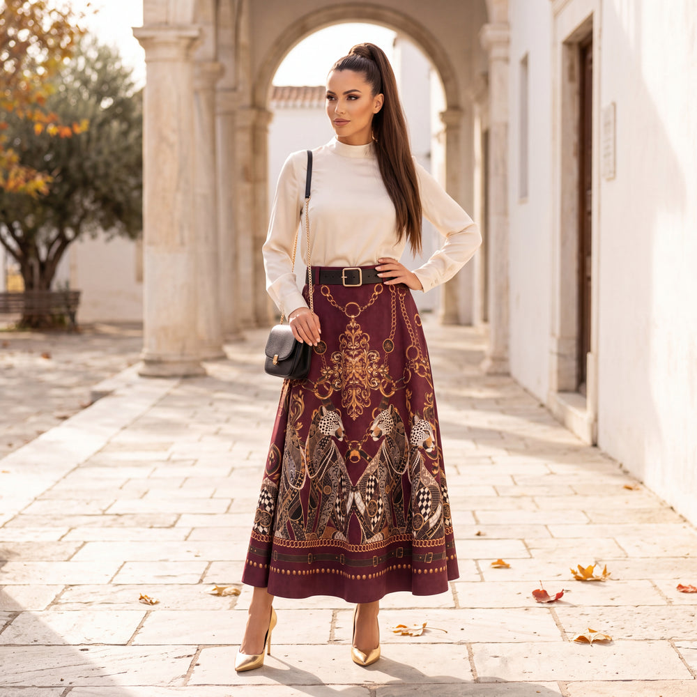 Deep Wine Red suede-look A-line midi skirt with baroque leopard and golden chain print and belt - styled look by MARIΓIOU