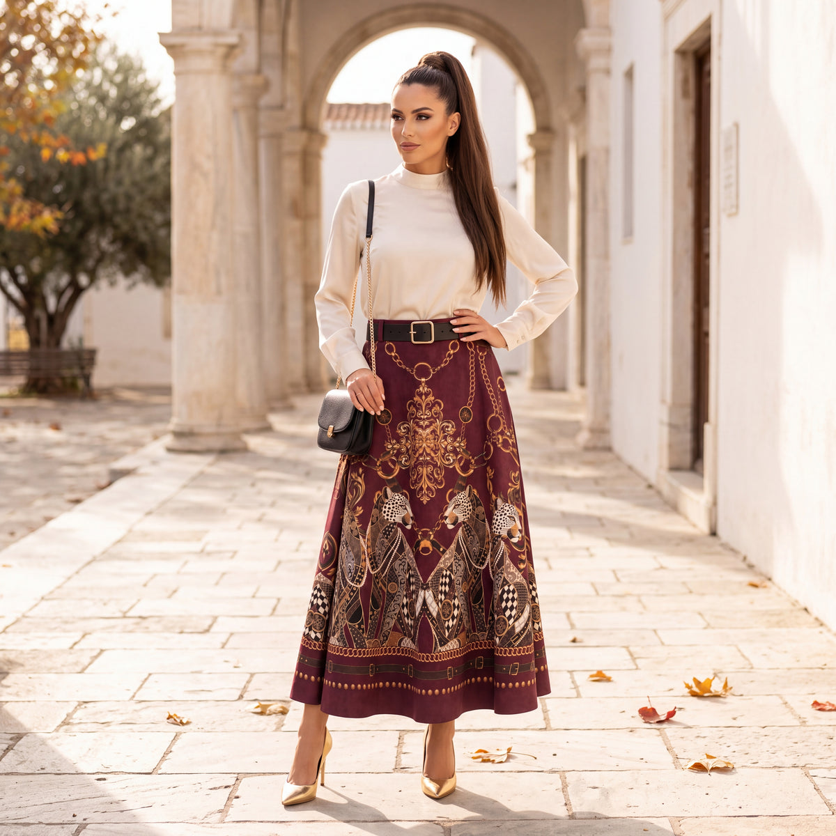 Deep Wine Red suede-look A-line midi skirt with baroque leopard and golden chain print and belt - styled look by MARIΓIOU