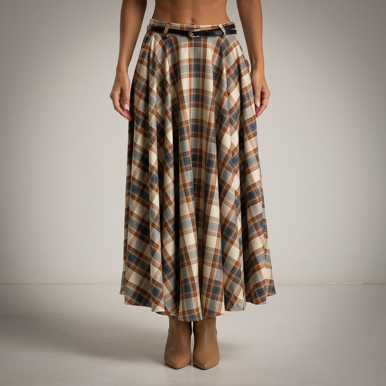 Front view of beige and brown checked midi skirt with belt by MARIΓIOÚ