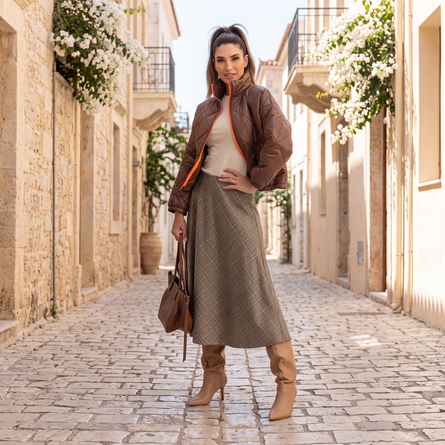Woman wearing the Chelsea Padded Jacket in Cocoa Brown styled outdoors with an elegant autumn outfit.